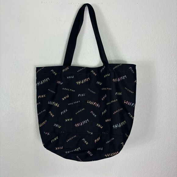 Victoria's Secret Pink Black with Colorful LOVE PINK Rainbow Logos Tote Bag 18 x - Picture 4 of 6